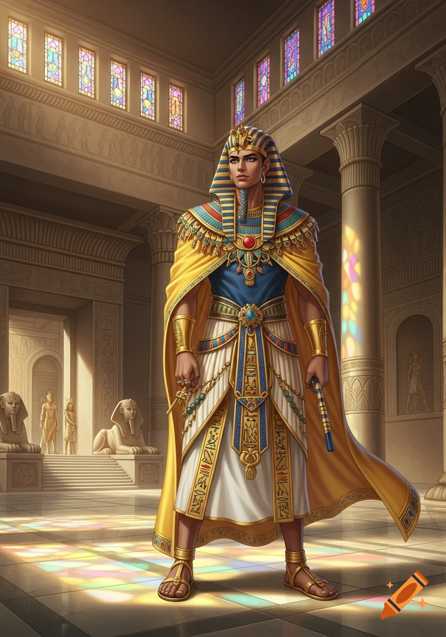A pharaoh in ornate gold, blue, and white attire stands in a sunlit Egyptian temple with stained-glass windows.