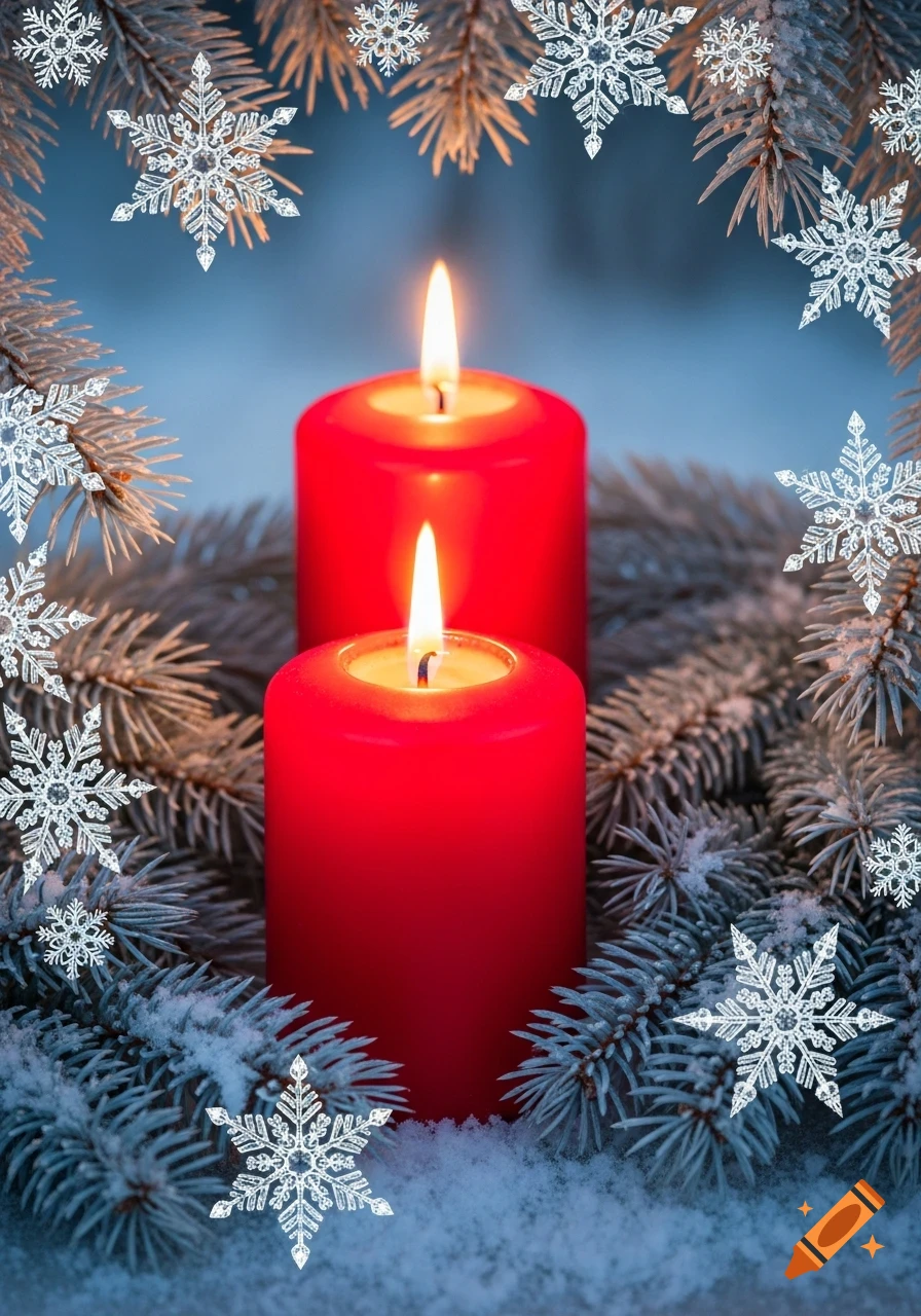 Two red burning candles surrounded by snow-dusted pine branches and decorative snowflakes in a photorealistic style.