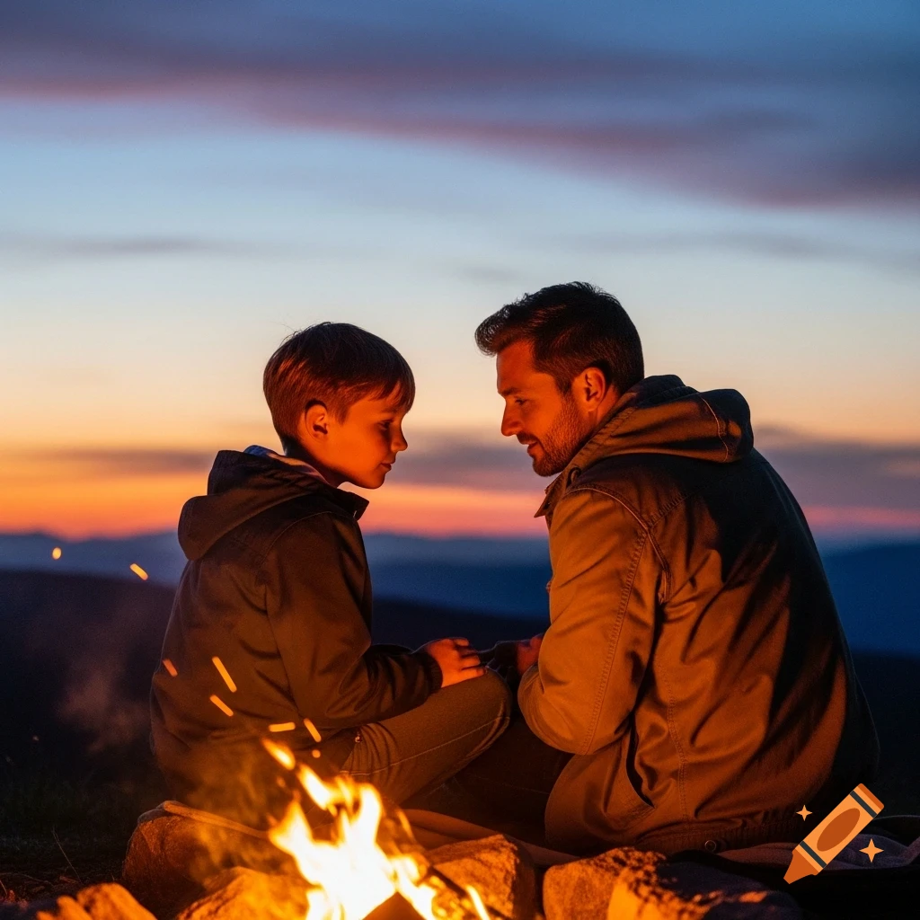 Father and son sitting by a campfire at sunset, silhouetted against a warm orange, purple, and blue sky in a photorealistic style.