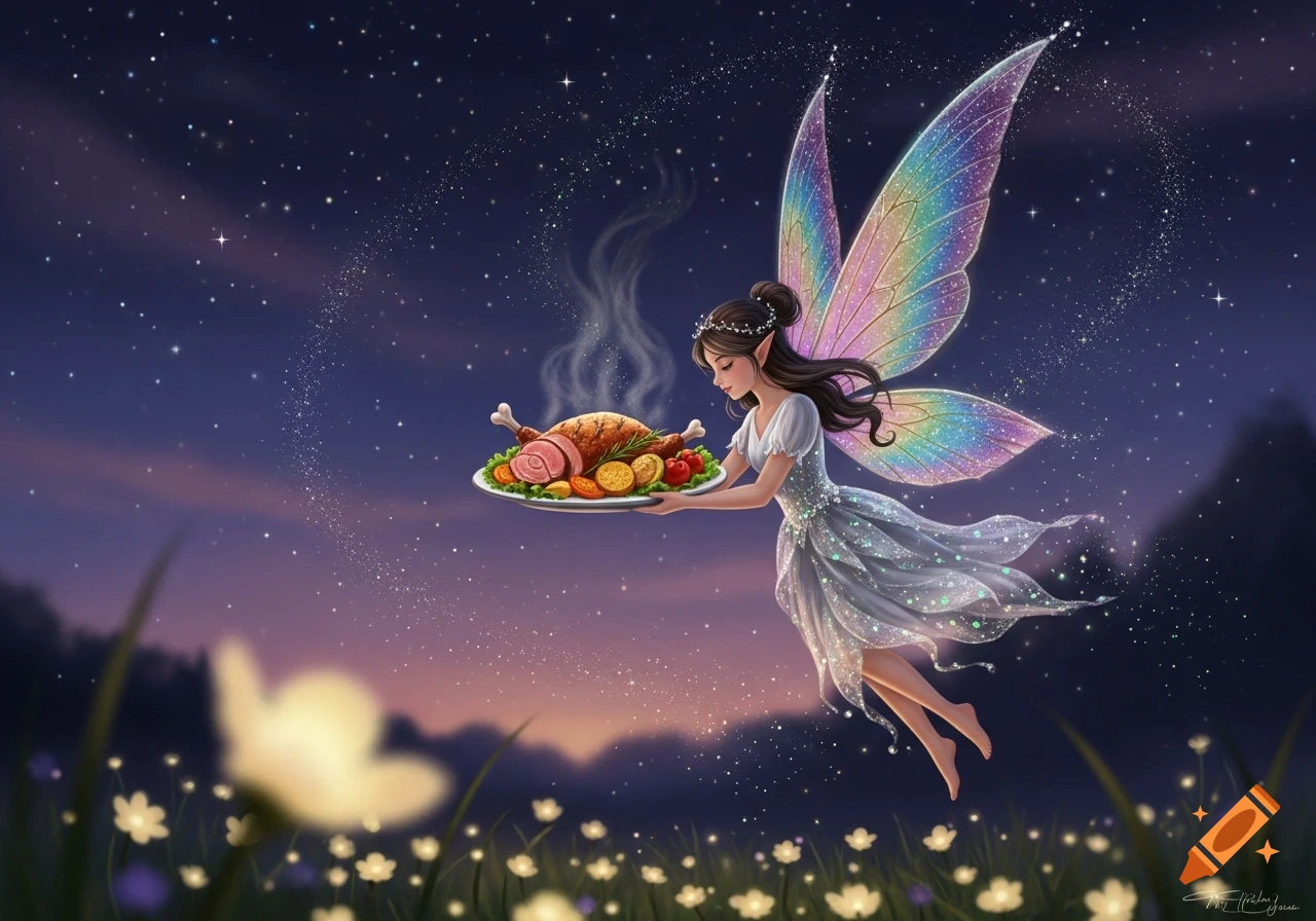 A magical fairy with iridescent wings flies through a starry night sky, carrying a steaming roast dinner over a field of glowing flowers. Digital art.