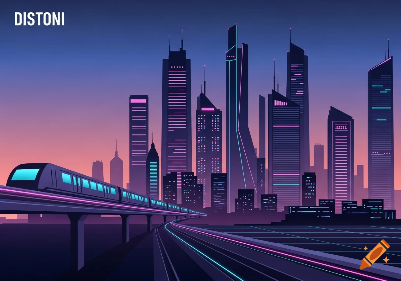 Vector art of a futuristic city skyline with a neon-lit elevated train at sunset, featuring tall skyscrapers.
