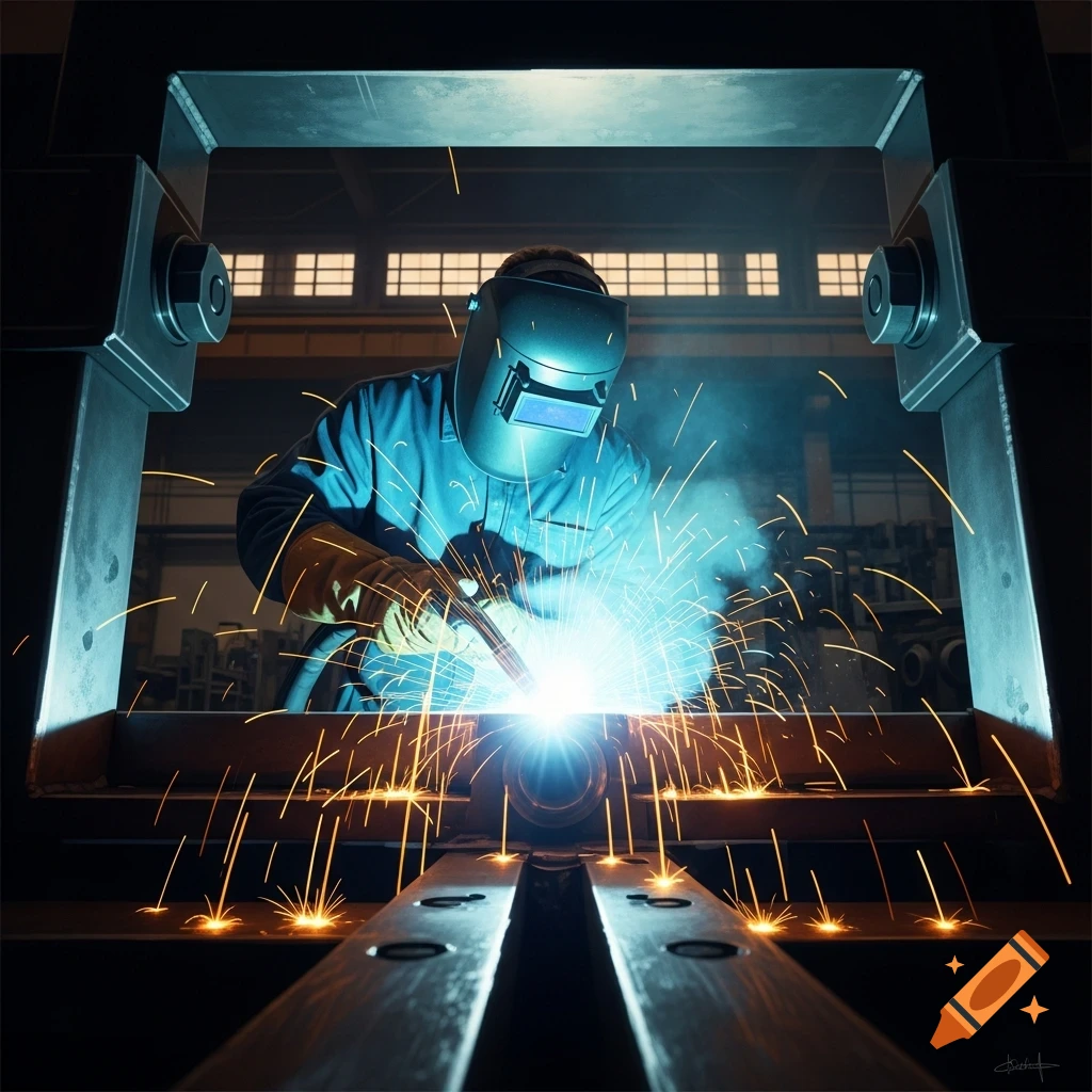 A welder in a helmet and gloves creates a shower of bright blue sparks while working on metal in a dimly lit industrial setting. Photorealistic.