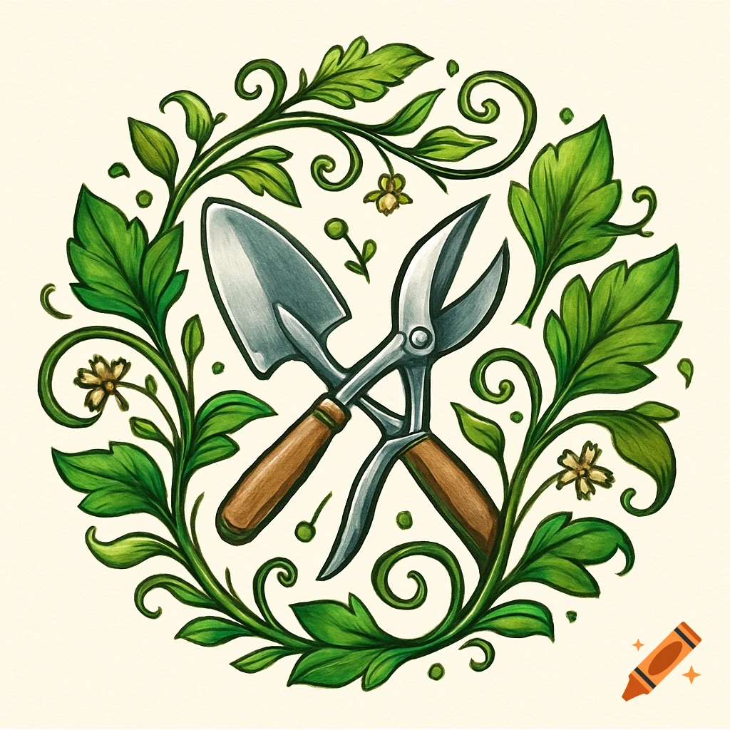 Circular illustration of a silver trowel and pruners crossed within a wreath of green leaves and small flowers.