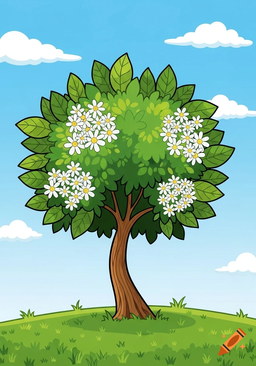 A simple cartoon tree with white flowers on a green hill under a blue sky with clouds.