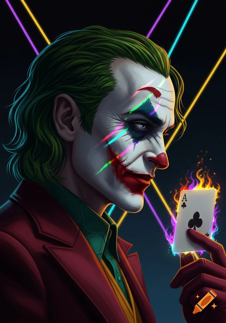 Stylized portrait of a Joker-like figure with green hair and white face paint, holding a glowing ace of clubs card.