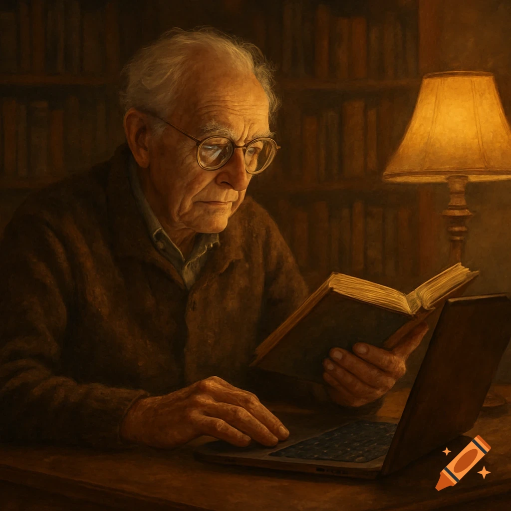 An older man in glasses reads a book and types on a laptop in a dimly lit, painterly study with bookshelves.