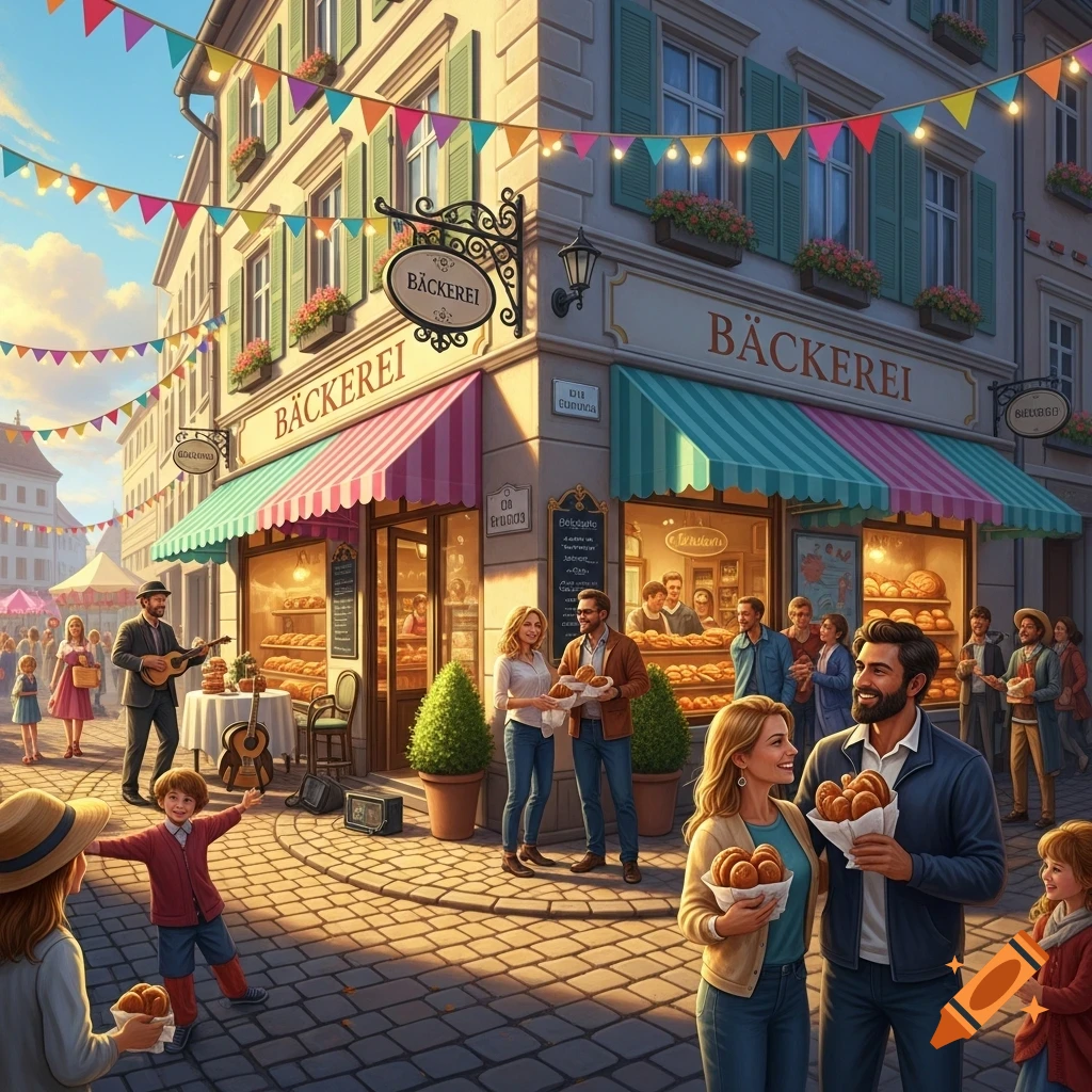 A bustling street scene in front of a bakery, adorned with festive pennant banners. People enjoy baked goods and a street musician plays guitar in the warm sunlight.