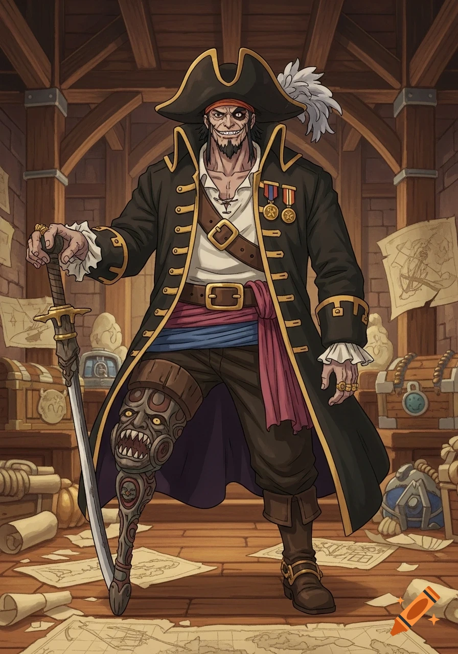 A weathered pirate king with a menacing grin stands in a treasure-filled chamber, wearing a tricorn hat, black coat, and a carved peg leg, in a whimsical Ghibli style.
