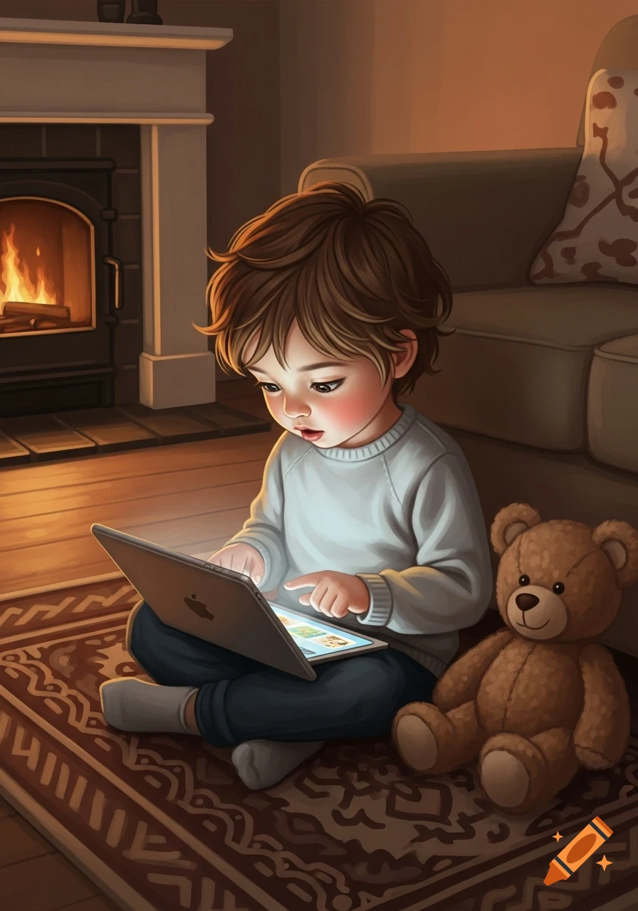 A digitally illustrated young child sits on a patterned rug, engrossed in a tablet by a cozy fireplace, with a teddy bear beside them.