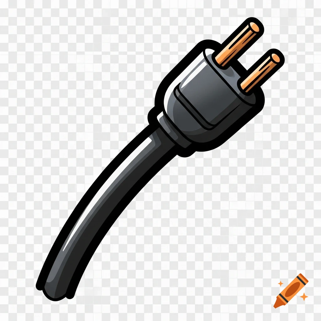 A cartoon electrical cable with a black plug head and two copper prongs, in a comic style on a transparent background.