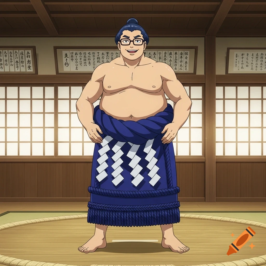 An anime sumo wrestler with blue hair, glasses, and a chubby body, wearing a blue mawashi belt, stands smiling in a dojo.