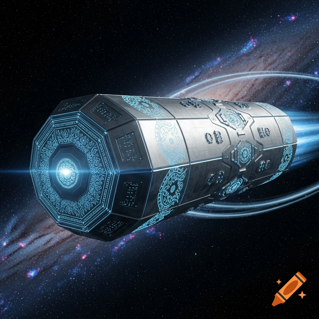 A futuristic hexagonal cylinder spaceship with intricate blue glowing patterns travels through space, past a distant galaxy.