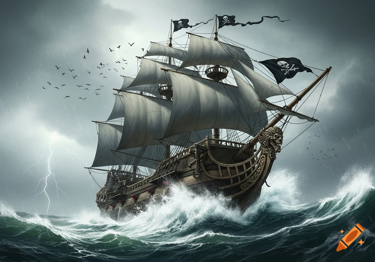A detailed pirate ship with skull and crossbones flags battles large waves during a stormy lightning-filled sky.