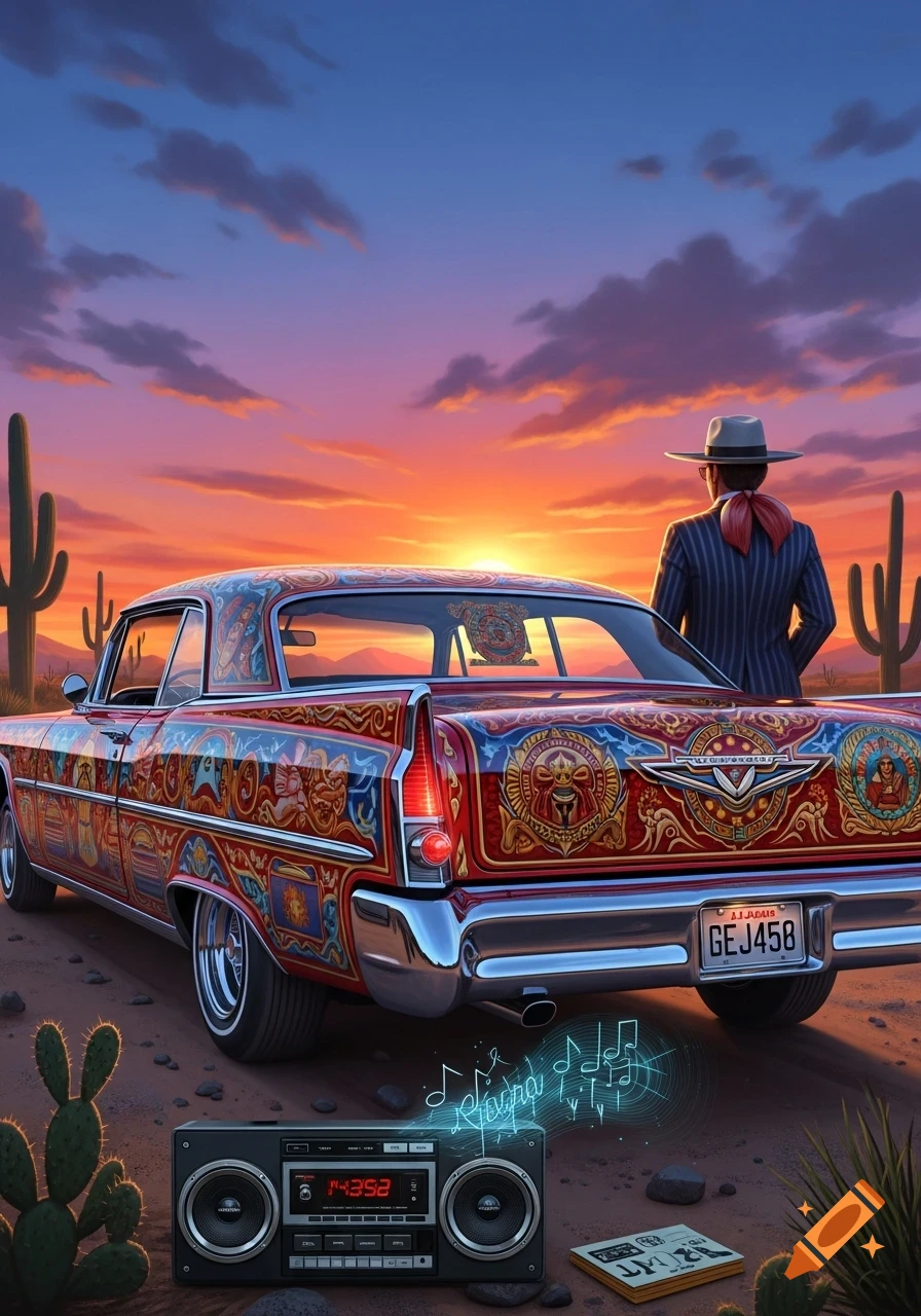 A vibrant Chicano-style custom car with intricate patterns in a desert landscape at sunset, with a person and a boombox.