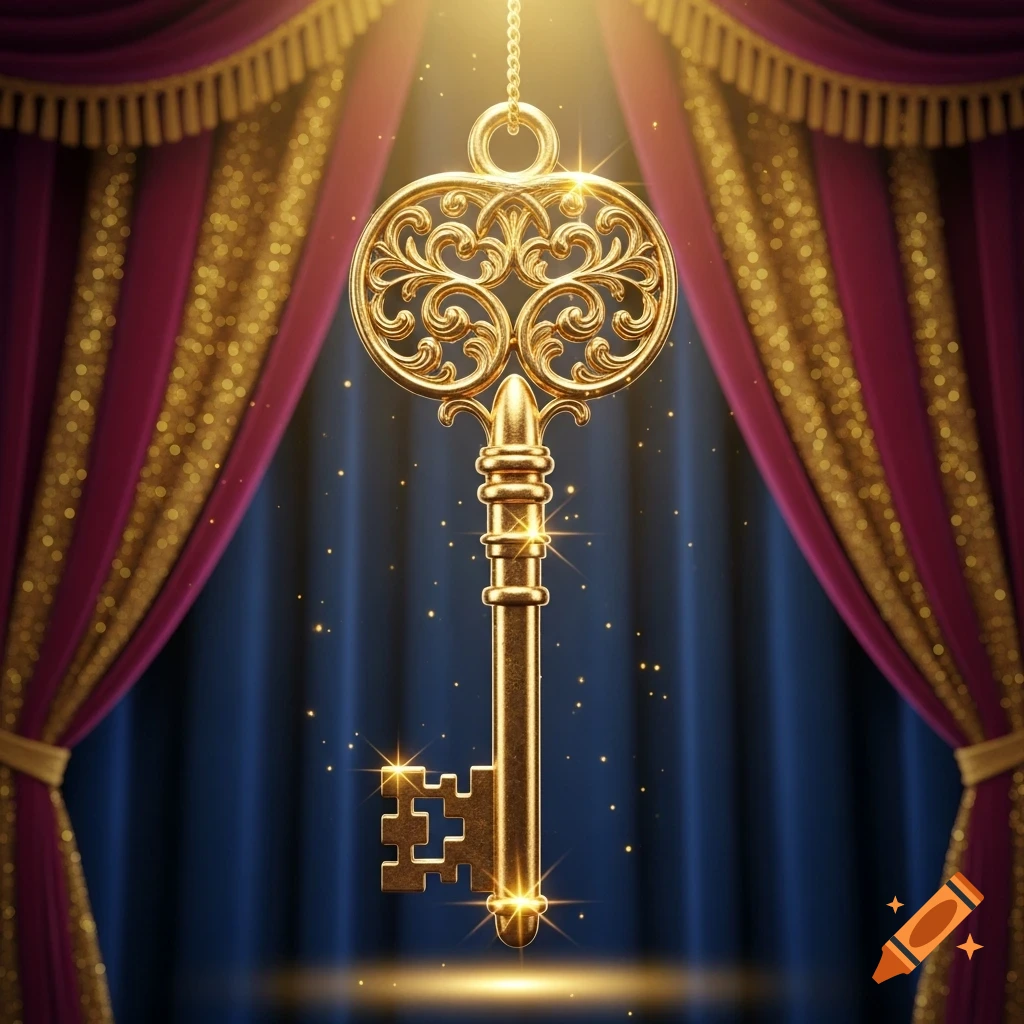 A glowing, ornate golden key hangs centrally against a backdrop of rich red and blue curtains, sparkling with light.