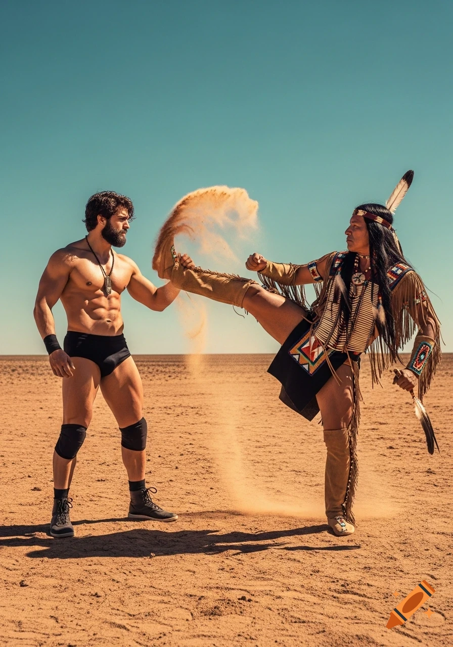 Photorealistic image of a shirtless wrestler in black trunks facing a Native American man in traditional attire, who kicks up sand in a desert.