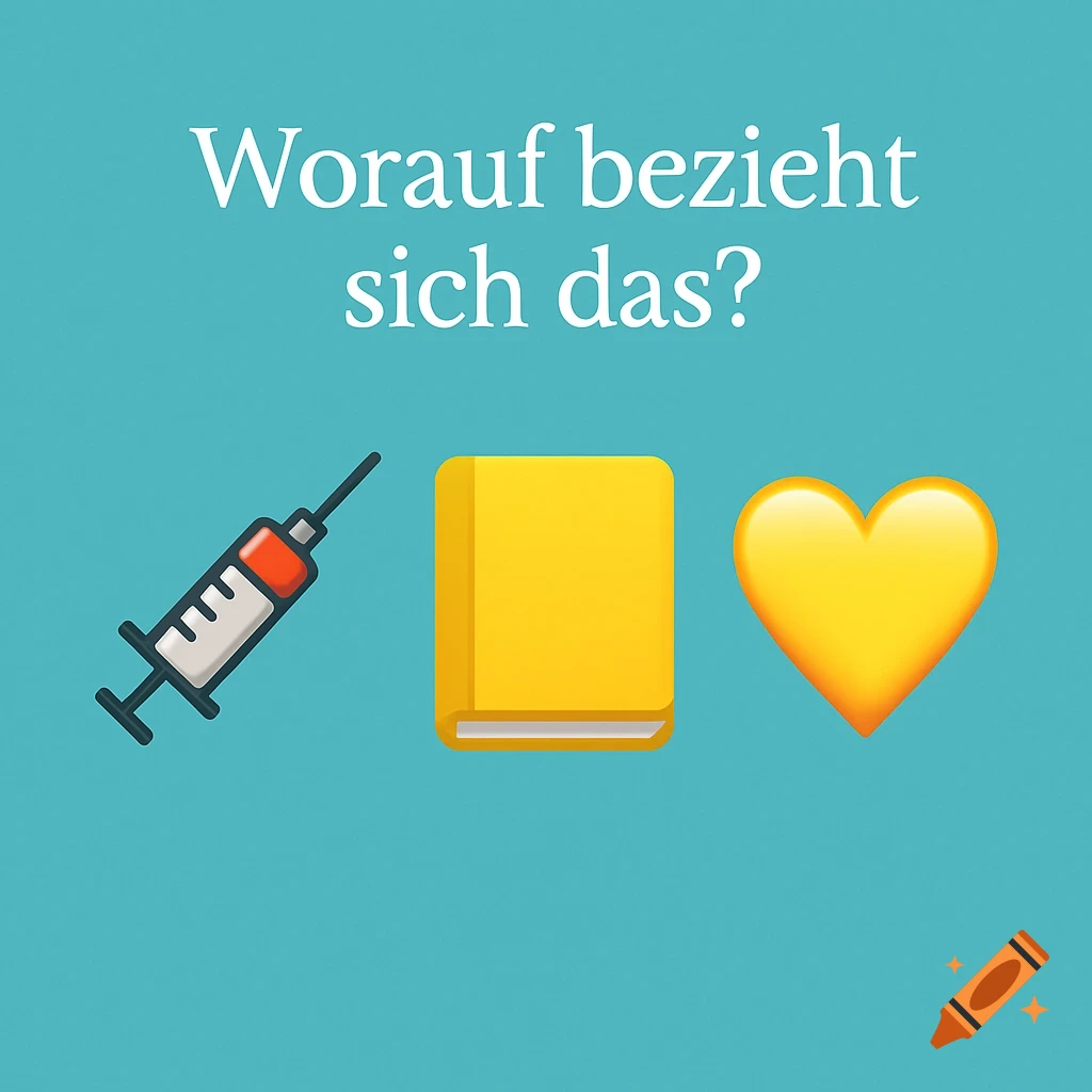 Minimalist blue slide with a syringe, yellow book, and heart emojis, and the German text 'Worauf bezieht sich das?'