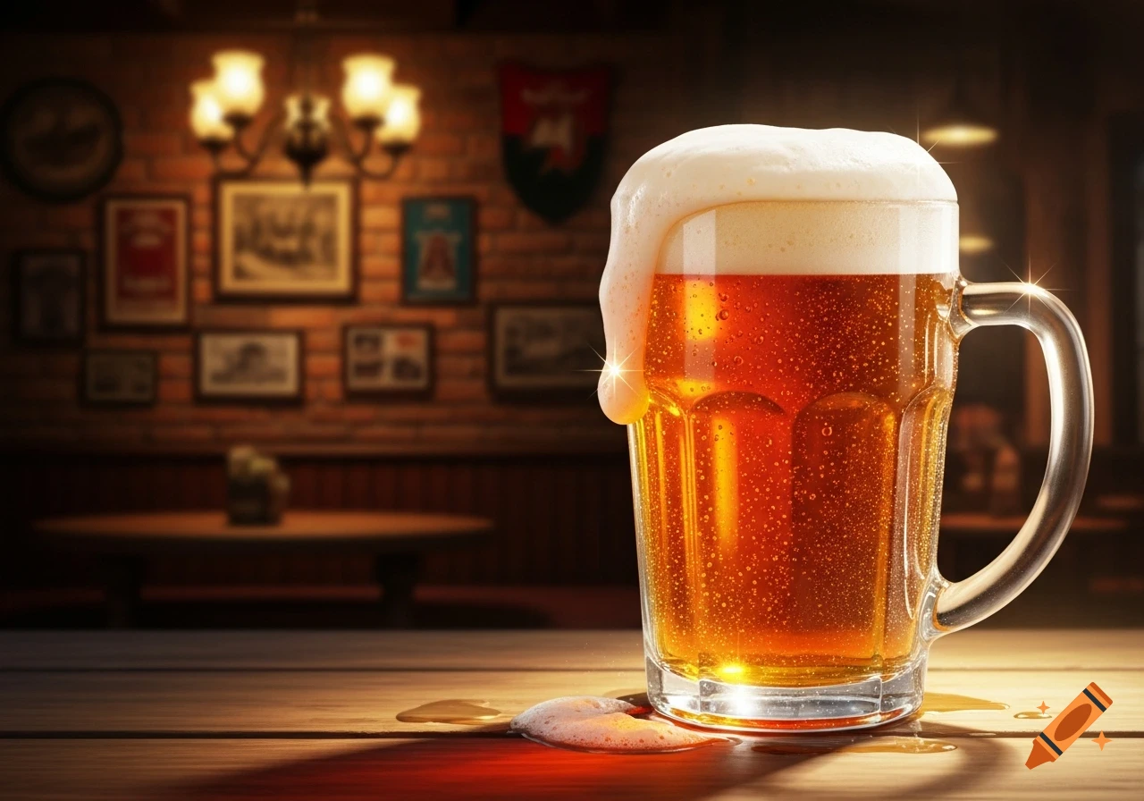 A close-up of a frothy mug of beer overflowing onto a wooden table in a warm, dimly lit pub setting.