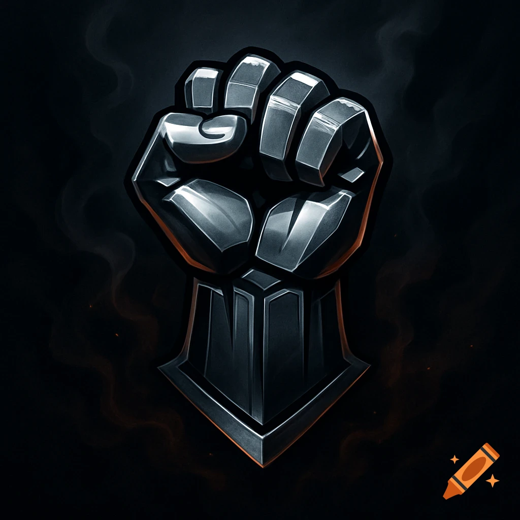 A stylized metallic fist logo with a dark, smoky background and subtle orange glow.