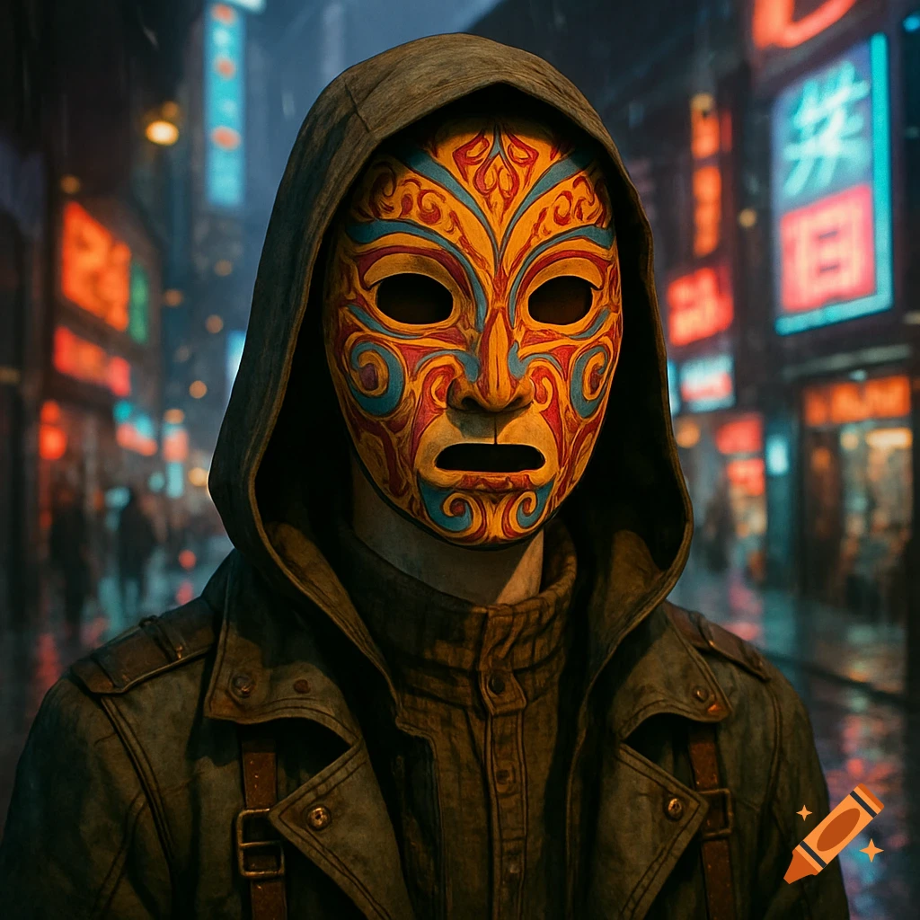 A masked figure in a hooded jacket stands on a wet, neon-lit city street at night, with glowing signs blurred in the background.
