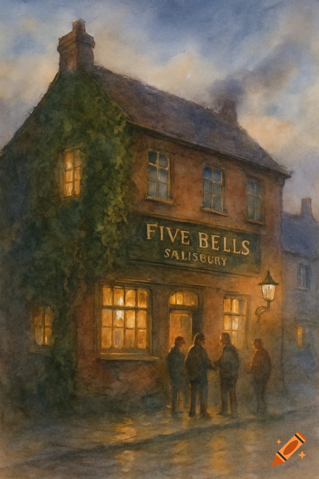 Watercolor painting of The Five Bells pub in Salisbury at dusk, with men gathered outside under a street lamp.