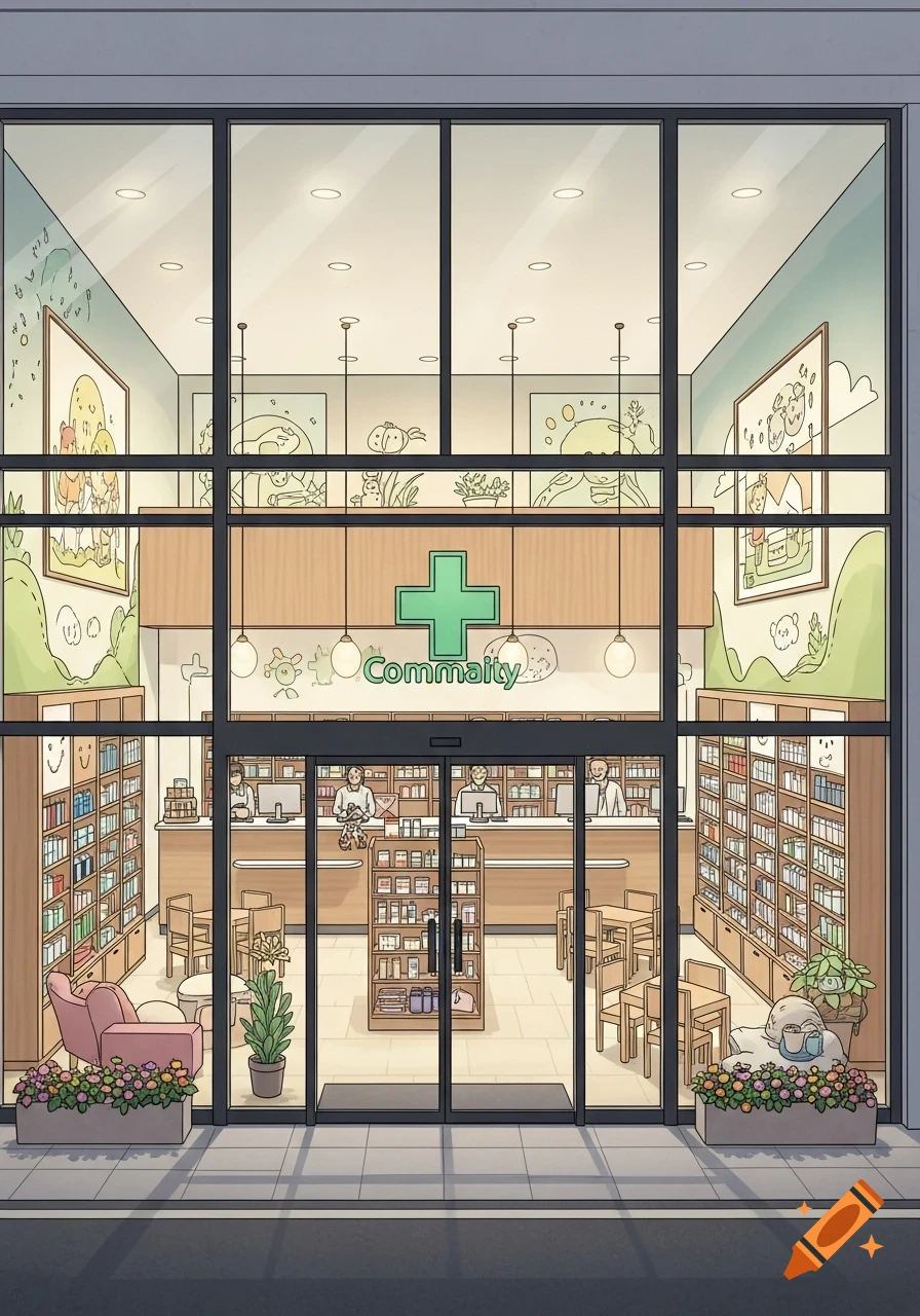 A cartoon illustration of a modern pharmacy storefront with large windows, a green cross sign, and the name "Commality" above the entrance.