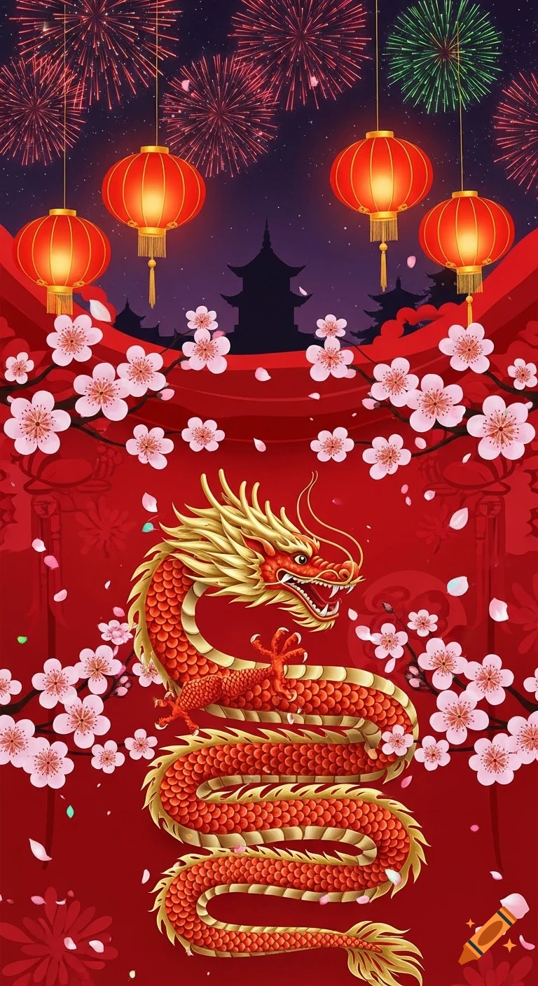 A red and gold Chinese dragon illustration with cherry blossoms, red lanterns, and fireworks over pagodas at night.