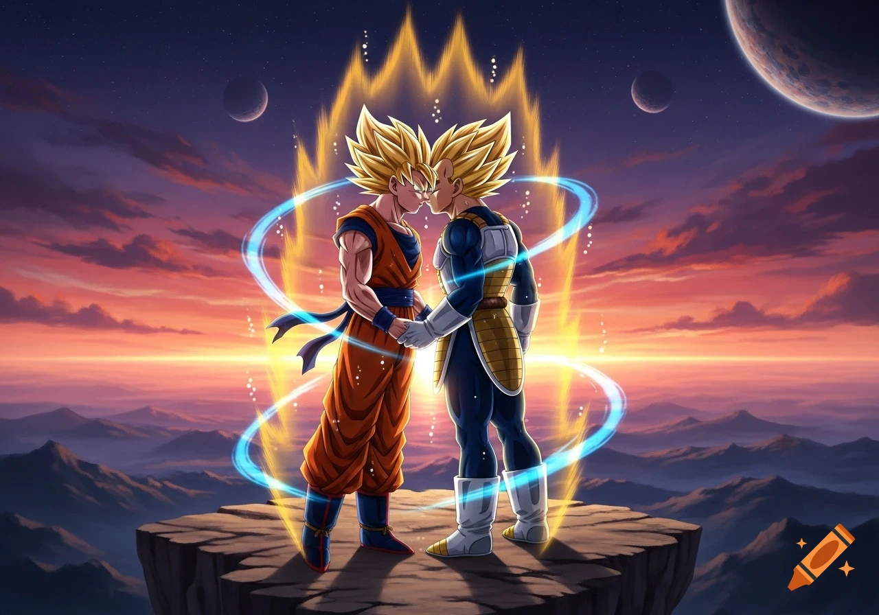 Goku and Vegeta, in Super Saiyan form, hold hands and stand nose to nose on a cliff overlooking a sunset landscape with planets.