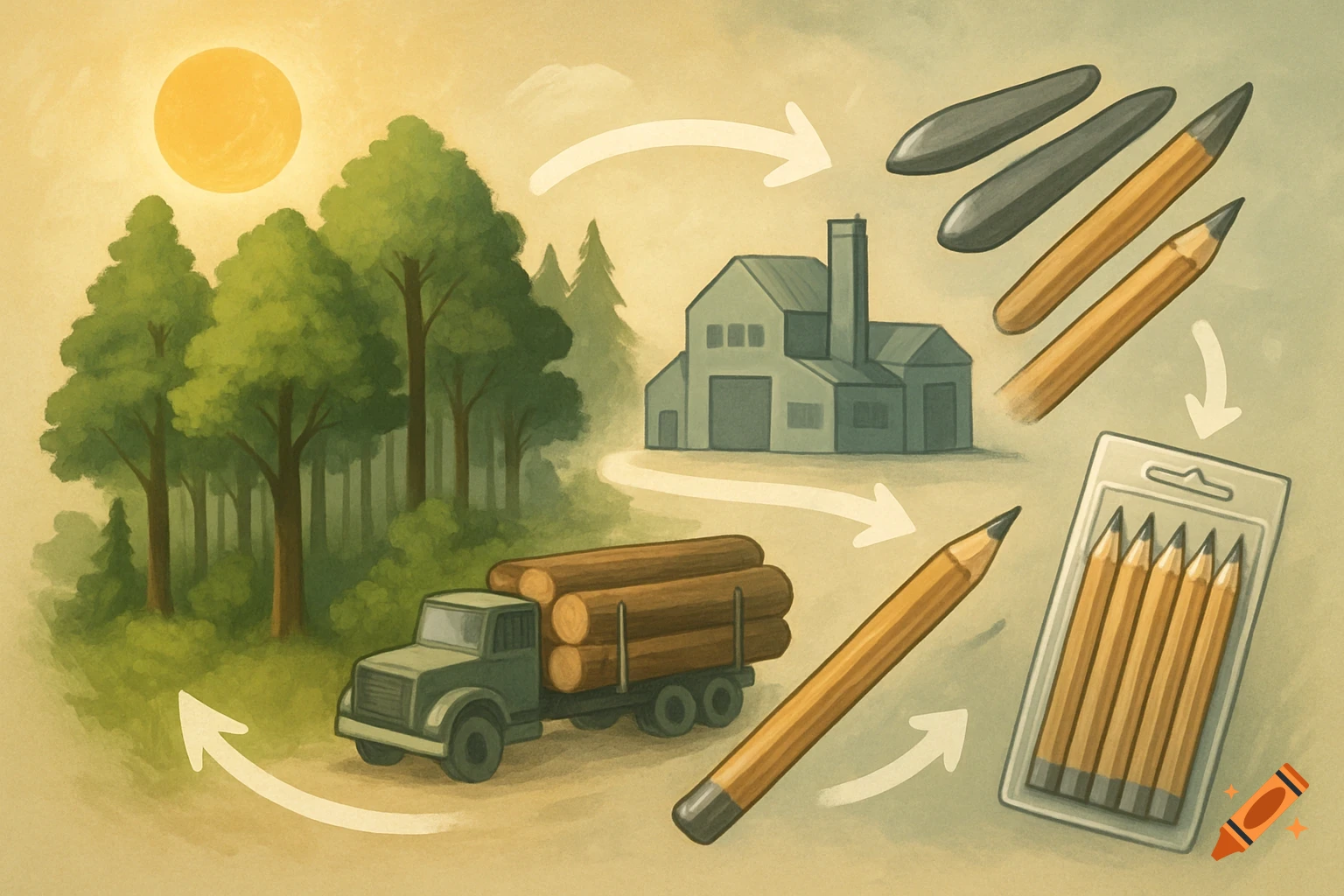 An illustration showing the journey of a pencil from a forest, to a logging truck, a factory, pencil components, and finally packaged pencils.