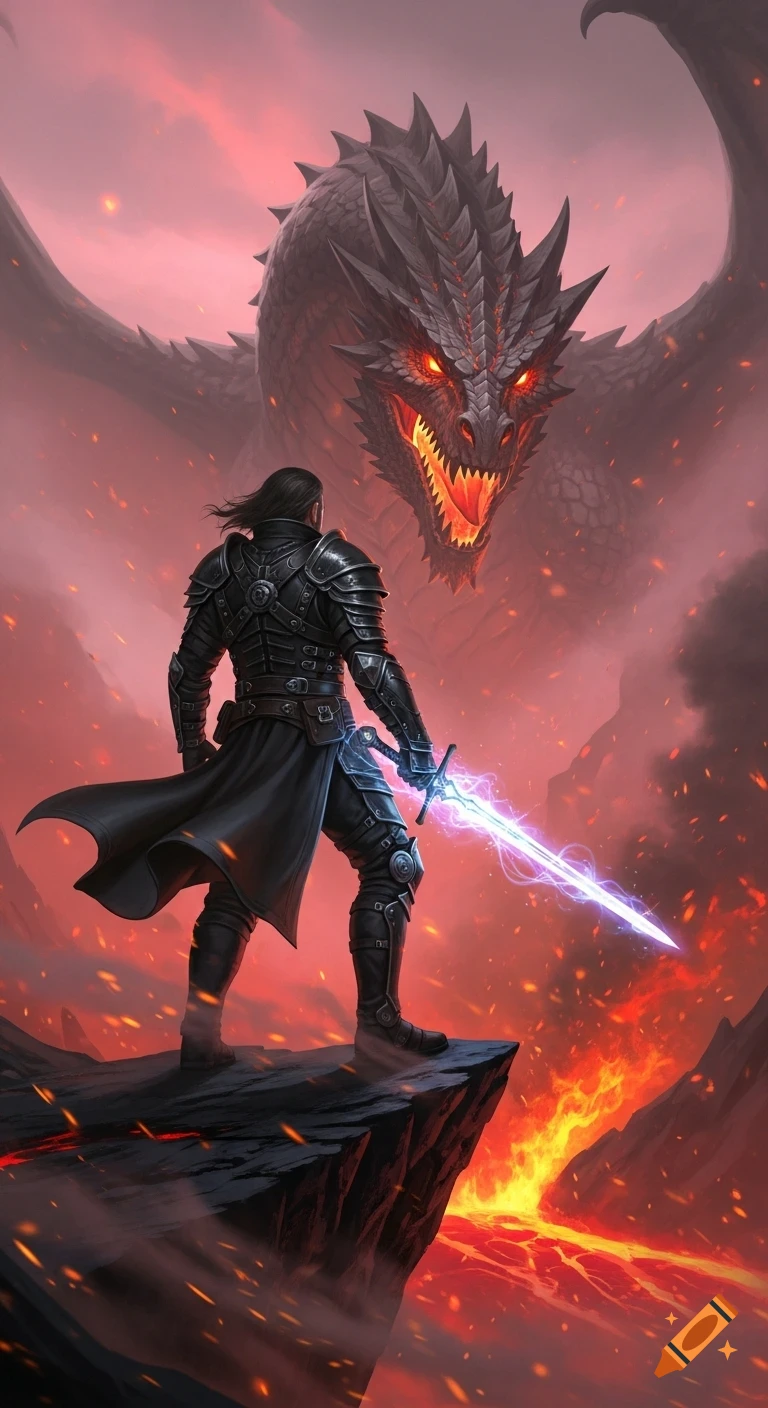 A dark fantasy knight on a volcanic cliff faces a massive red-eyed dragon under a fiery sky, holding a glowing blue sword.