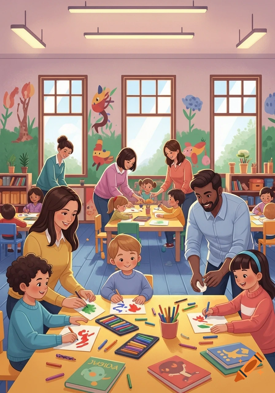 Brightly lit kindergarten classroom where children and adults are happily drawing and coloring at tables, surrounded by colorful art supplies and drawings.