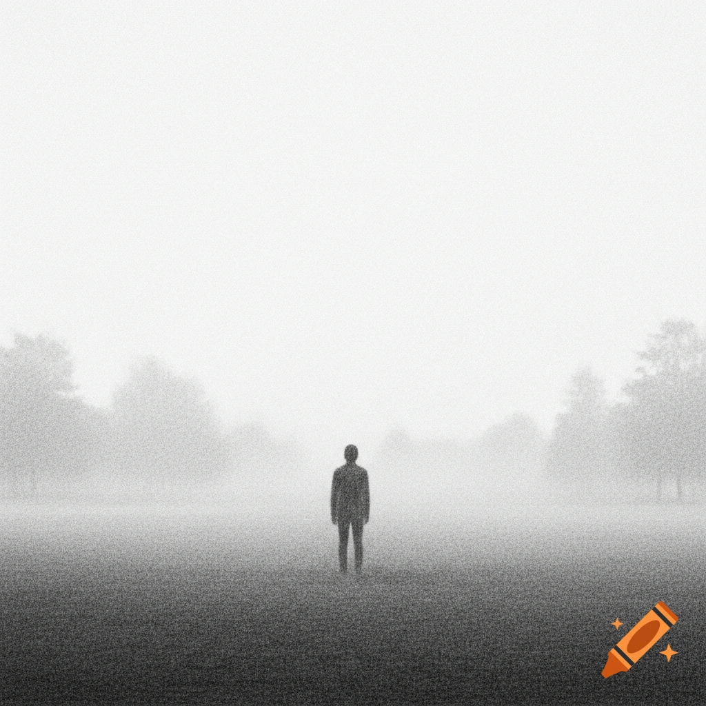 A lone figure standing in a vast, foggy field, rendered in a grainy, monochromatic graphite illustration style.