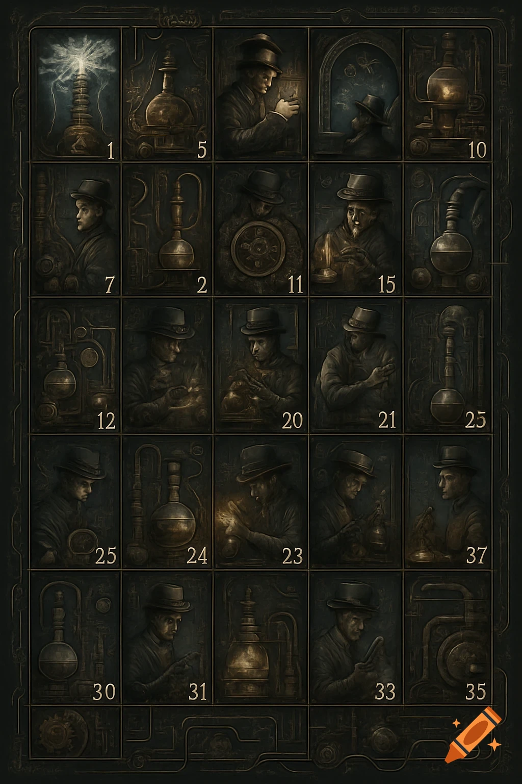 A steampunk-style game board with a dark background, featuring 20 cells depicting scientists, engineers, and laboratory equipment like Tesla coils, flasks, and gears, numbered out of sequence.