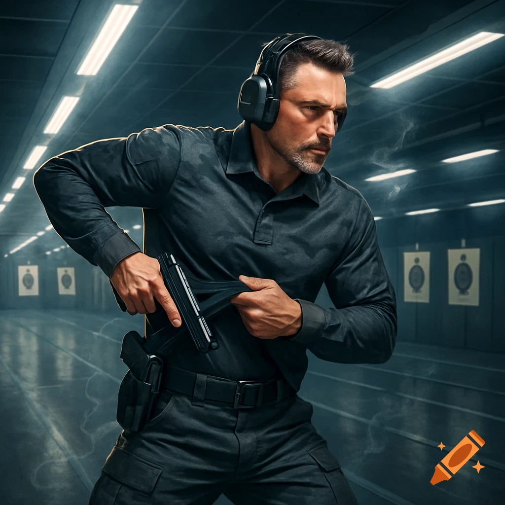 Man in tactical gear drawing a handgun at an indoor shooting range, photorealistic style.