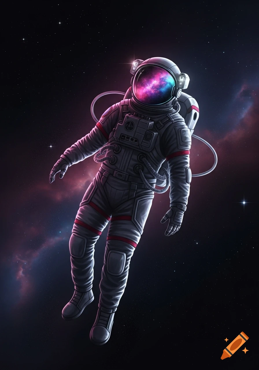 A stylized digital illustration of an astronaut floating in deep space, with a vibrant pink and blue nebula reflected in their helmet visor.