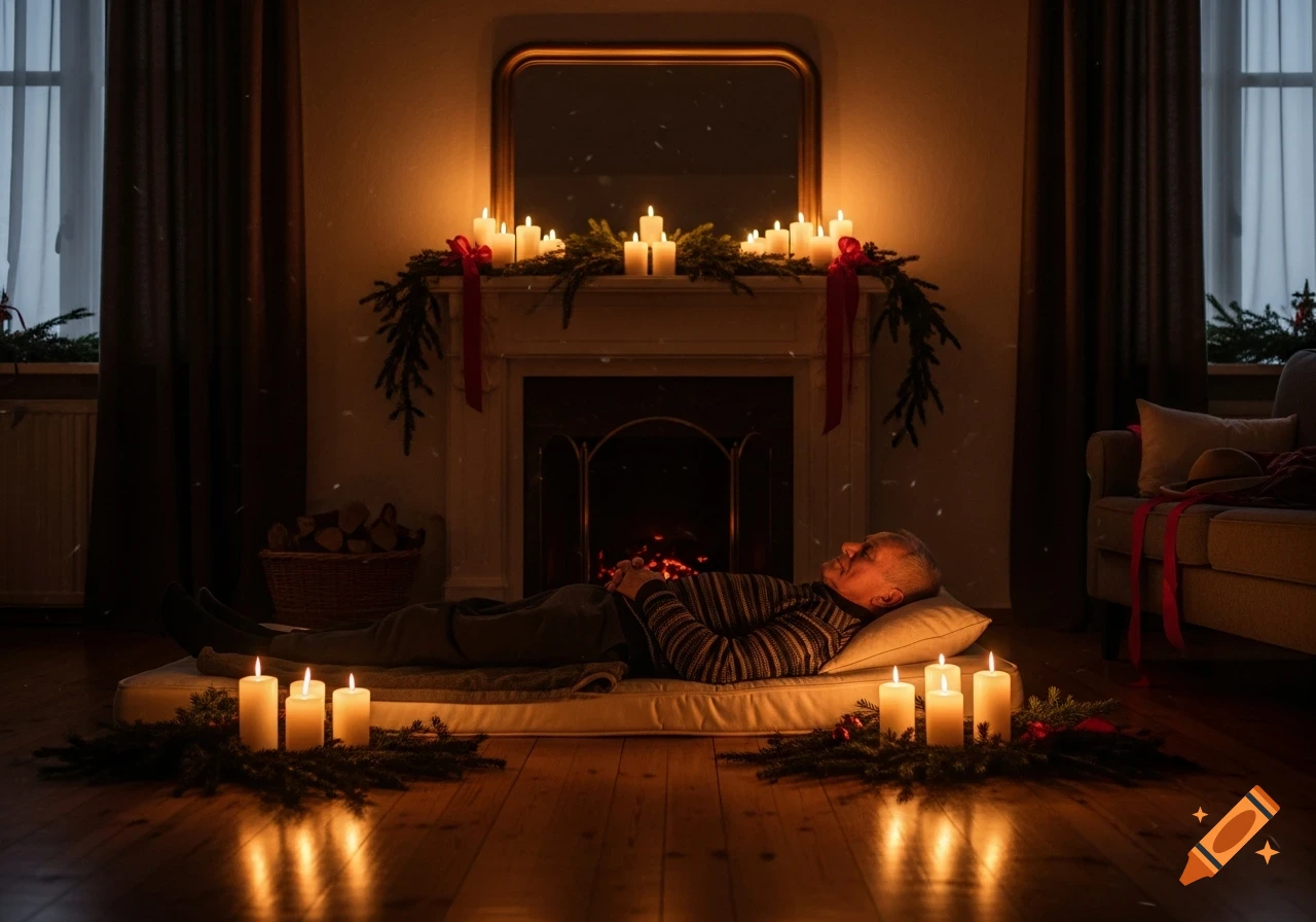 An older man sleeps on a mattress on the floor in a cozy, dimly lit living room decorated for Christmas with candles and a fireplace.