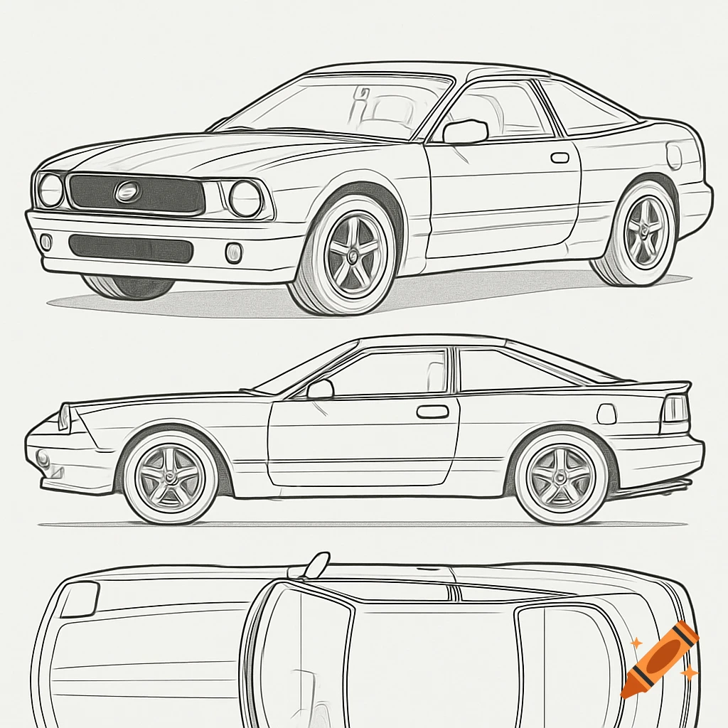 Black and white technical line drawing of a custom hybrid car, combining a Ford Mustang front with a Ford Probe GT body, shown from three views.
