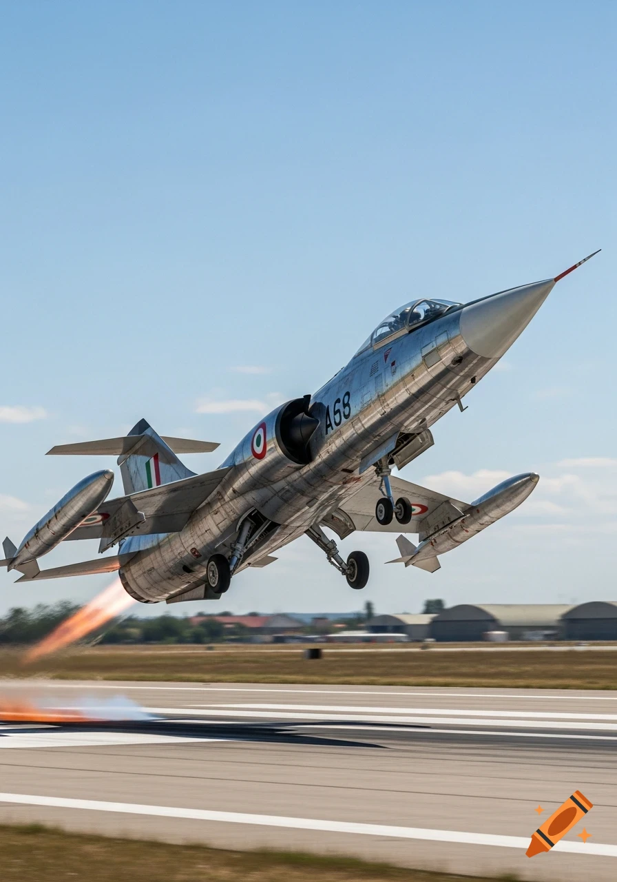 A silver Italian F-104 Starfighter jet takes off from an airfield, exhaust flaming, under a clear blue sky.