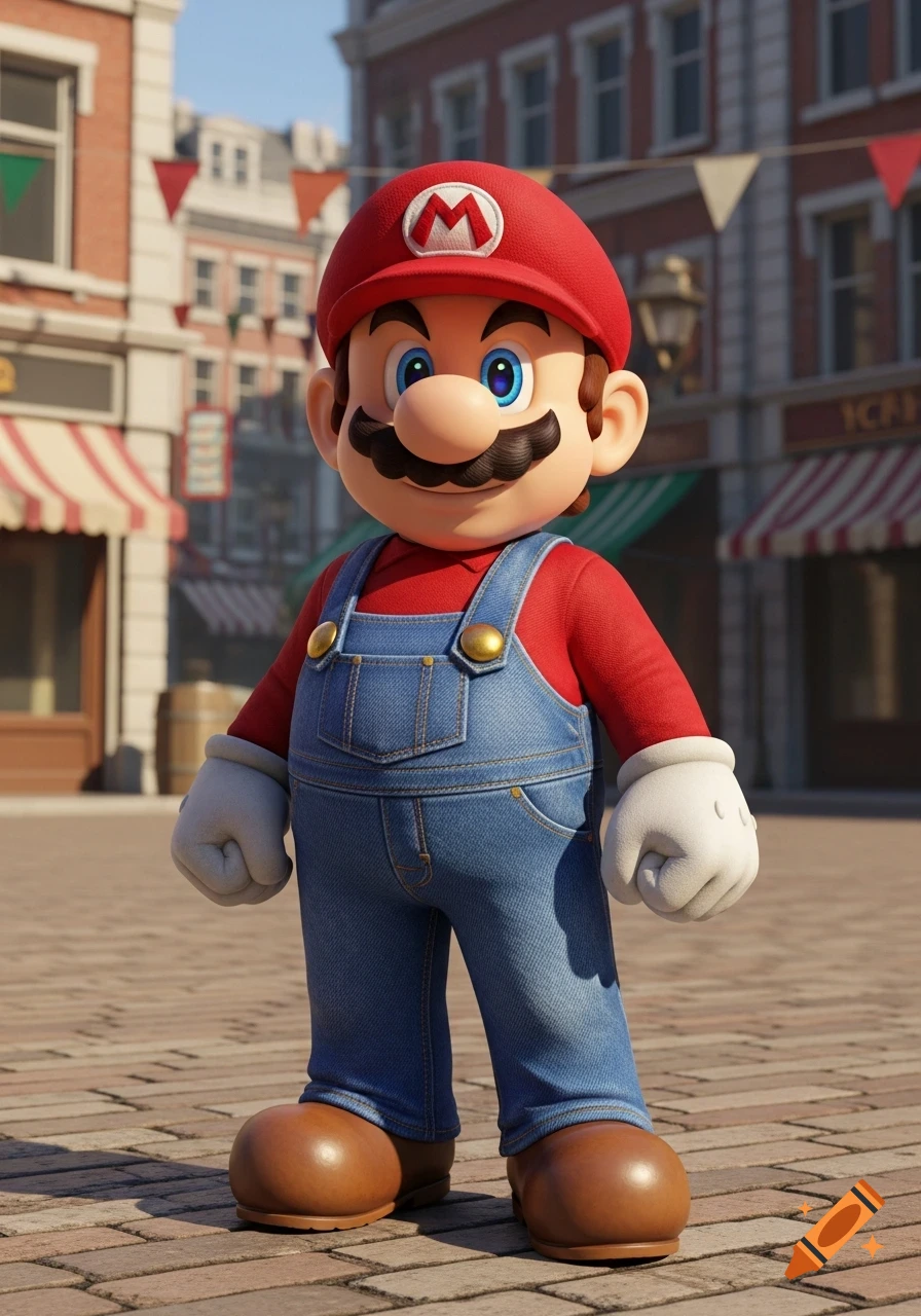 Realistic 3D render of Mario in his classic red shirt and blue overalls, standing on a brick street in a town.