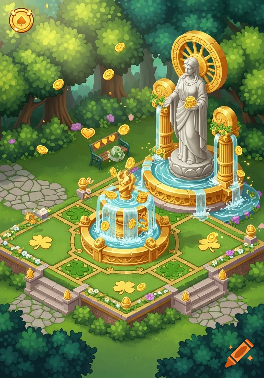 Isometric fantasy game art background featuring a mystical forest with a white goddess statue, golden fountains, and casino card suit symbols like spades, hearts, and clovers. Gold coins float in the air and water.