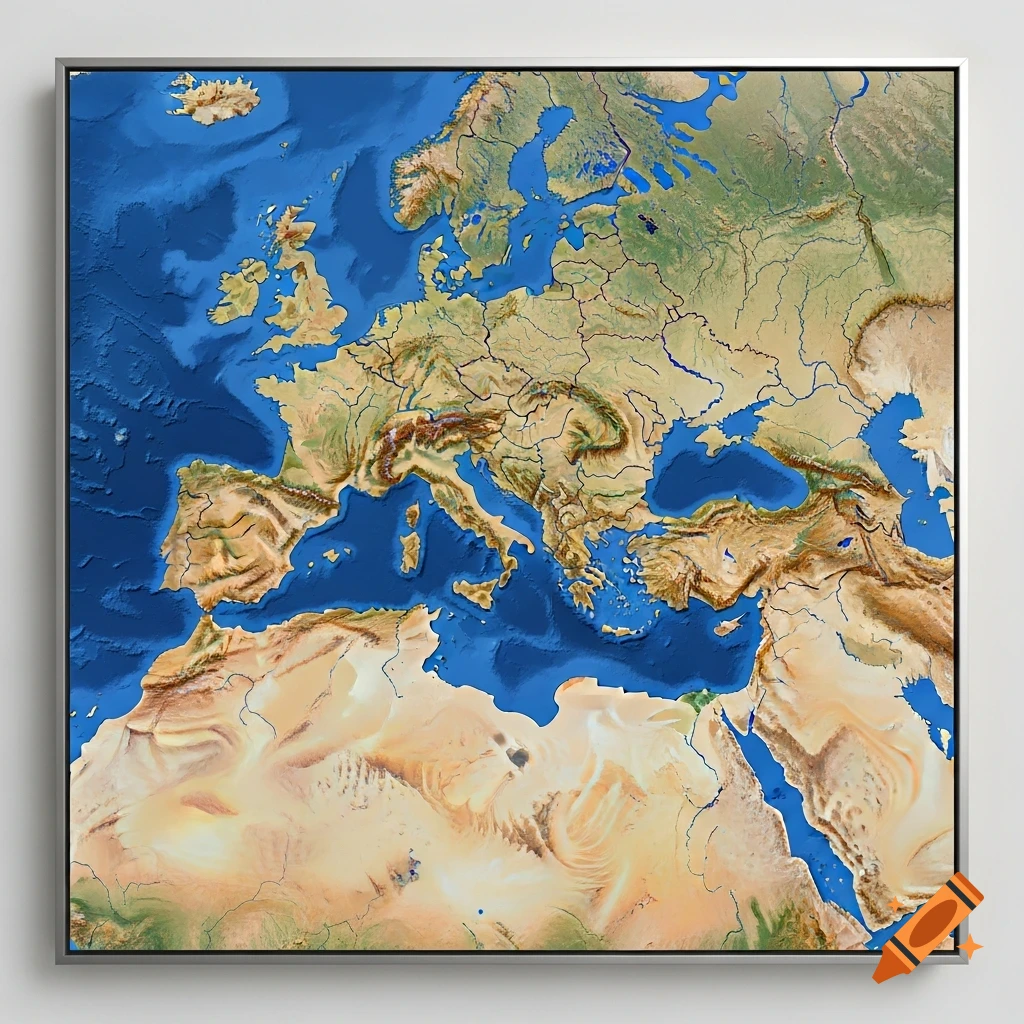 A detailed relief map of the Mediterranean Sea, Europe, and North Africa, showing mountains, plains, and bodies of water, framed in silver.