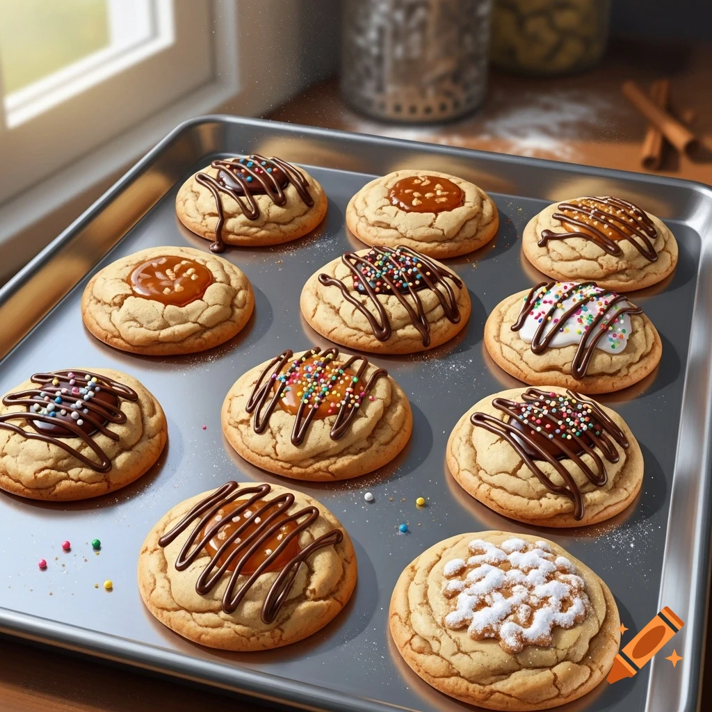 Baking sheet filled with various cookies, some drizzled with chocolate and sprinkles, others with caramel or powdered sugar.