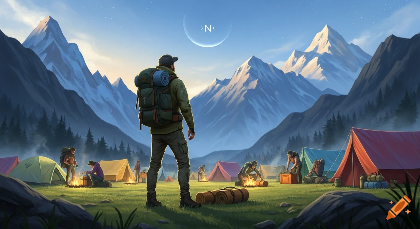 An illustrated camping scene with a backpacker looking at snow-capped mountains and a compass symbol with 'N' in the sky, surrounded by tents and other campers.