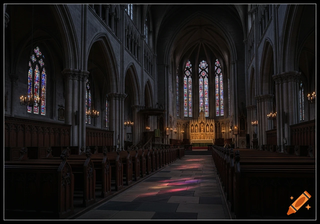 Interior view of a dark gothic church with stained glass windows, rows of pews, and colorful light reflecting on the stone floor.