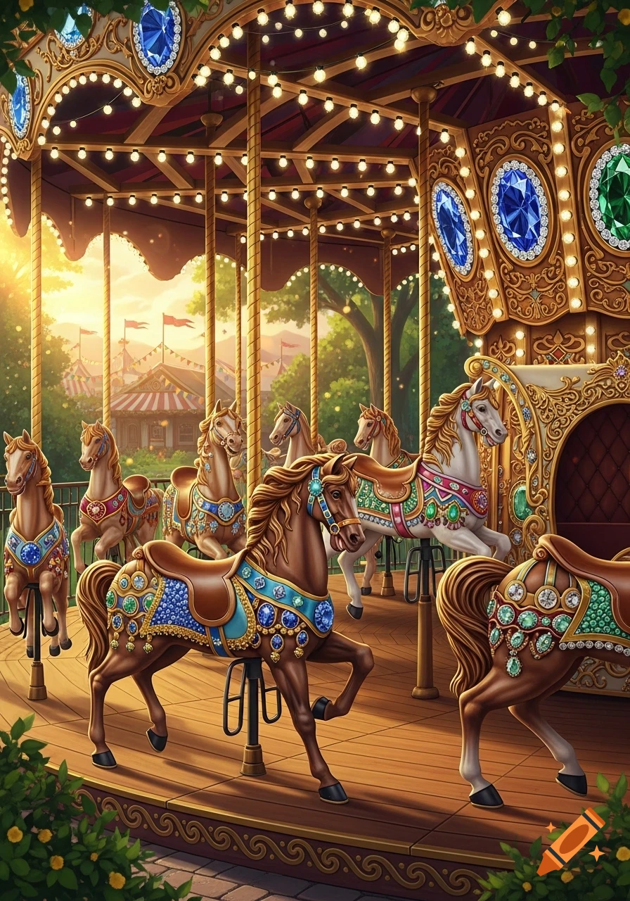 A grand carousel with ornate, bejeweled horses, illuminated by string lights and a golden sunset at an amusement park.