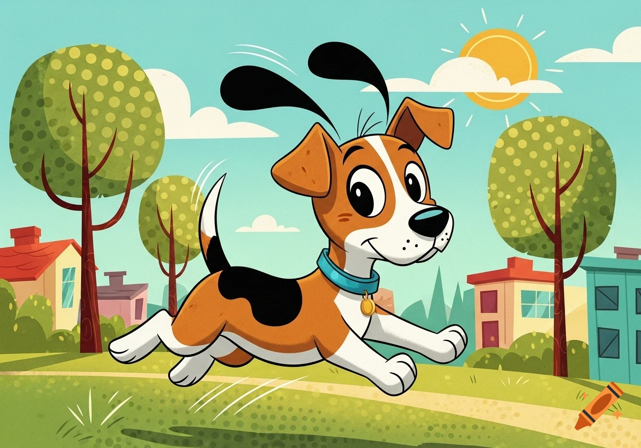 A cheerful 1960s cartoon dog, a mix of beagle and Jack Russell terrier, runs through a sunny park in a neighborhood.