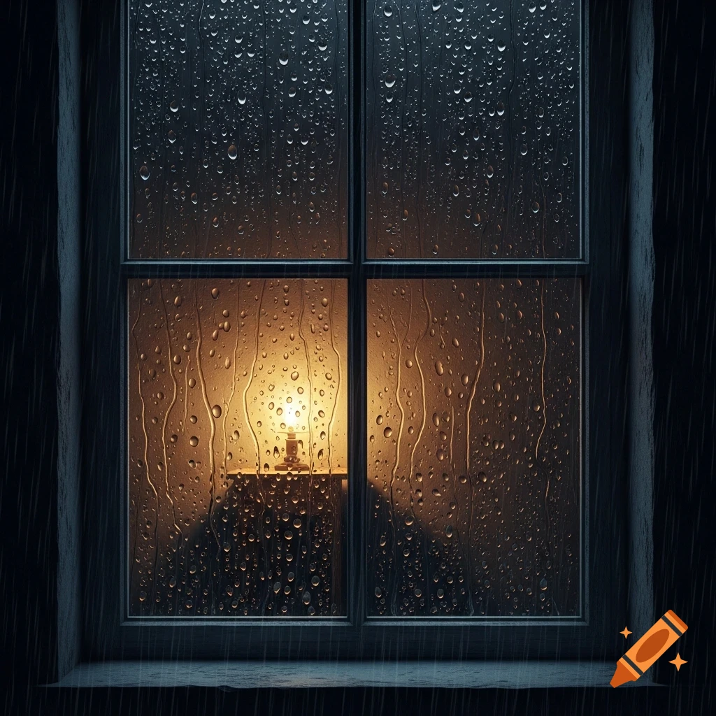 Close-up of a window pane heavily covered in raindrops on a dark, rainy night, with a warm, glowing lamp visible indoors.