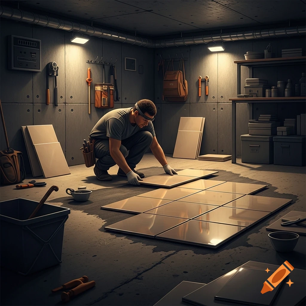 A man lays reflective tiles on a concrete floor in a dimly lit workshop, surrounded by tools and supplies.