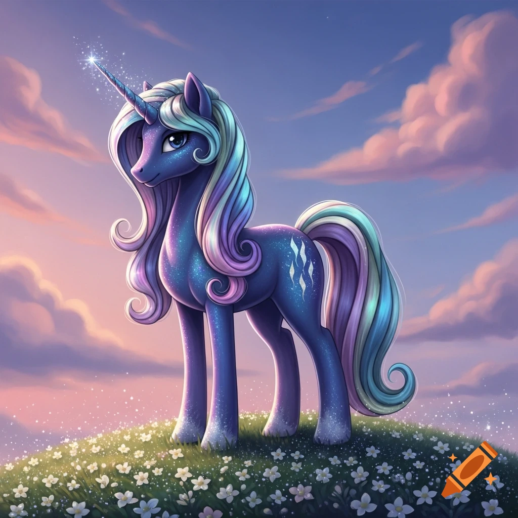 Sparkly purple unicorn with flowing pastel mane and tail stands on a flower-covered hill under a pastel sunset sky, in a cartoon fantasy style.