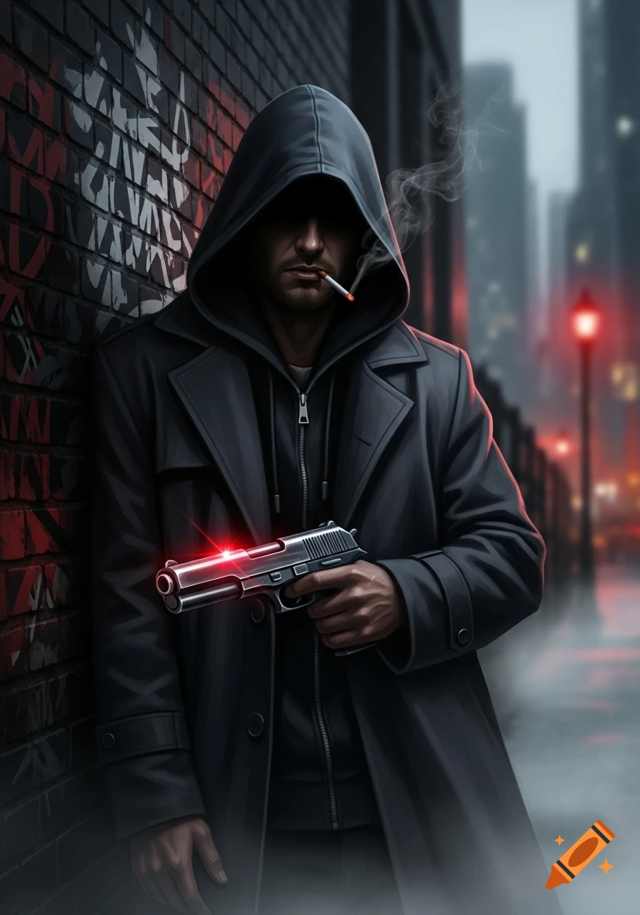 A hooded man in a trench coat, smoking a cigarette and holding a gun, leans against a graffiti-covered brick wall in a dark city street.